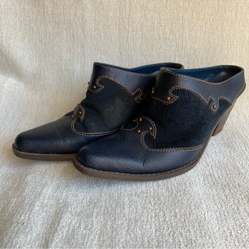 Navy Blue Suede Women's Heeled Clogs